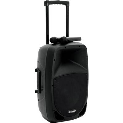Black, portable speaker with microphones on top, equipped with a handle and wheels for easy transportation.