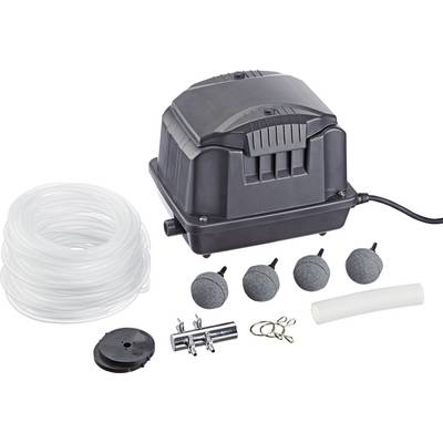 Air pump kit with black pump, clear tubing, four grey air stones, connectors, and clips, used for aquariums or hydroponics systems.