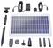 Solar-powered fountain kit includes a solar panel, water pump, various nozzles, cords, and remote control for garden water features.