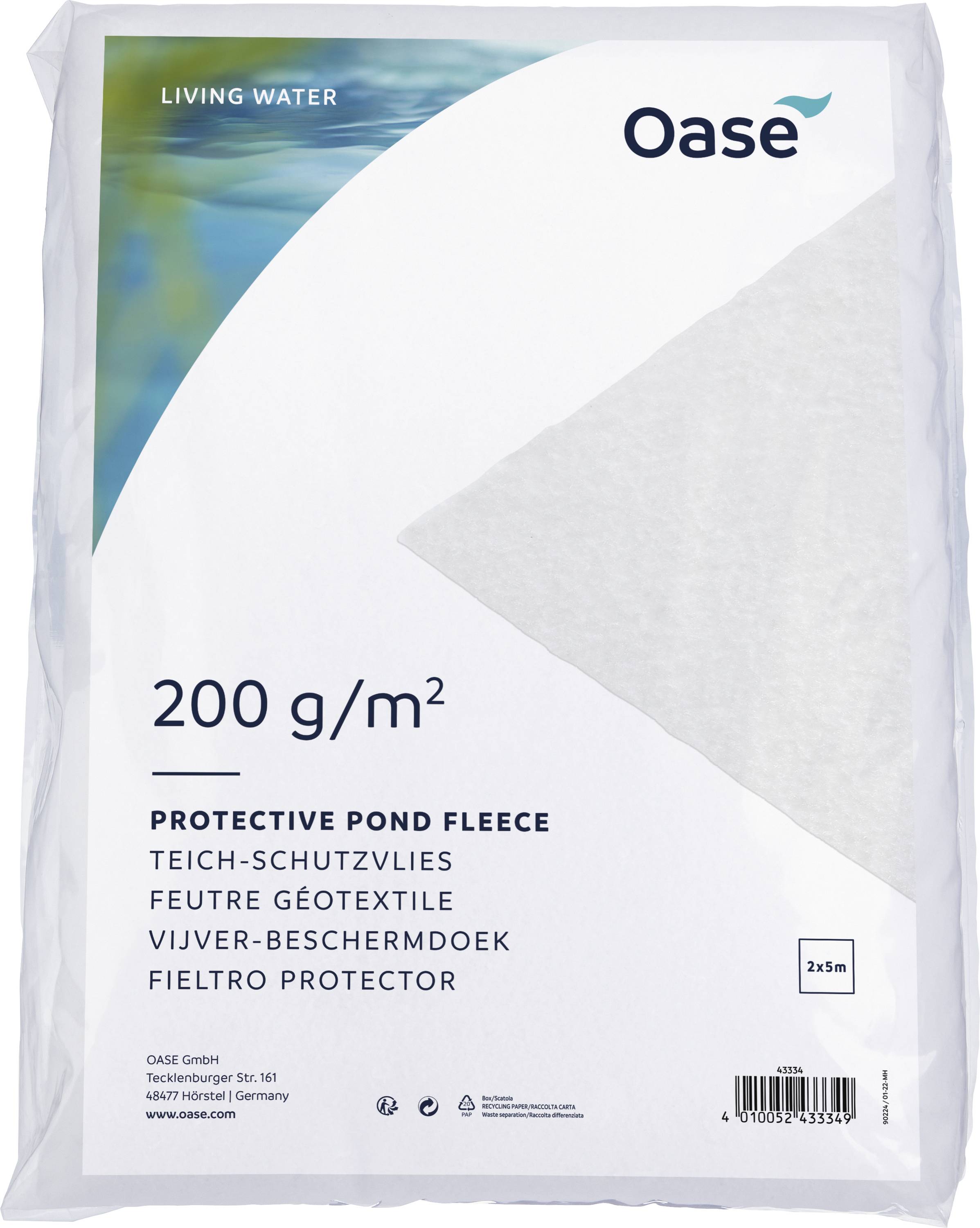 'Protective Pond Fleece 200 g/m²,' packaging featuring text in multiple languages, brand name 'Oase,' and product image with dimensions 2x5m.