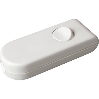 A white, rectangular remote control switch with a large, central round button, used for controlling electronic devices.