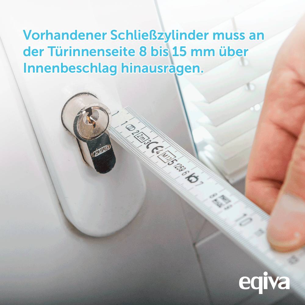 Existing lock cylinder is measured with a ruler; textual instruction: 'Lock cylinder must protrude 8 to 15 mm beyond the interior handle'.