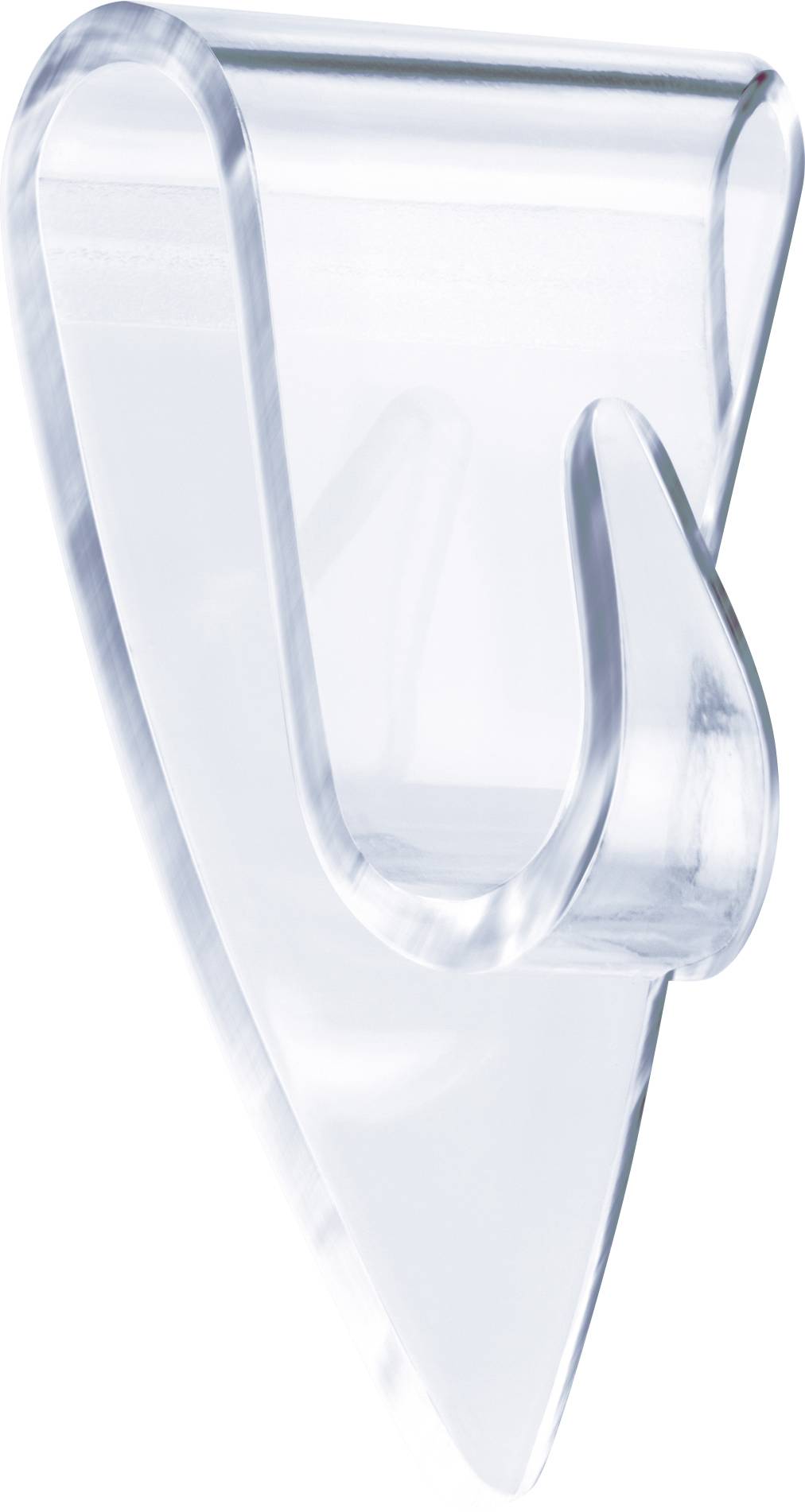 A transparent plastic wall hook pointing upwards, manufactured with rounded edges. Suitable for hanging light objects.