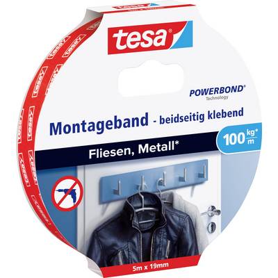 'Tesa Powerbond Mounting Tape for Tiles and Metal, holds 100kg/m. Packaging shows example application for coat rack.'