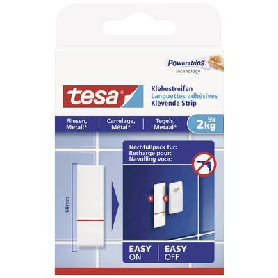 Packaging for "tesa Powerstrips", demonstrating application on tiles/metal. Labelled with "EASY ON" and "EASY OFF". Weight 2 kg.