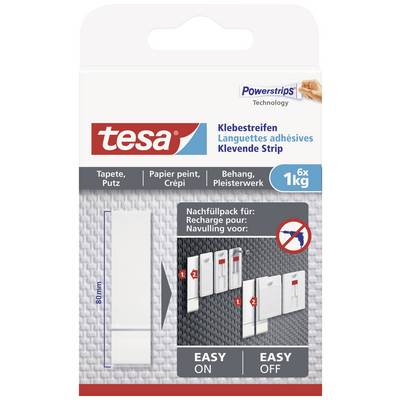 Packaging for tesa adhesive strips for wallpaper and plaster. Shows application steps for easy mounting and removal. Load-bearing up to 1 kg.