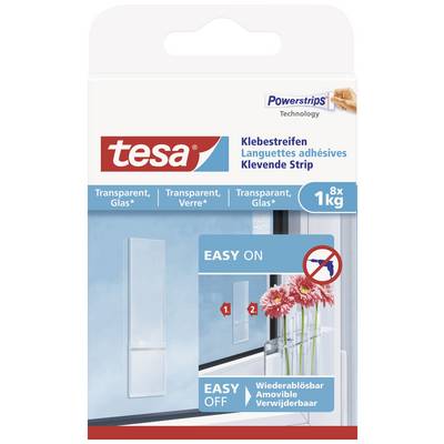 Packaging for 'tesa' adhesive strips, showing application for fixing an object to a glass surface. Max. load capacity: 1 kg.