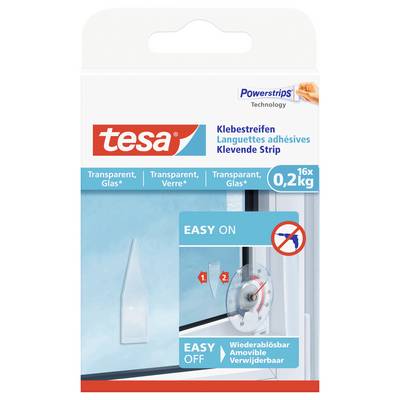 'tesa glass adhesive strips with Powerstrips technology. Holds up to 0.2 kg. Removable, easy to apply and remove.'