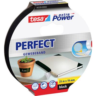 The image shows a roll of Tesa extra Power Perfect gewebeband, black, 25m x 19mm. The packaging highlights its waterproof and strong adhesion qualities.