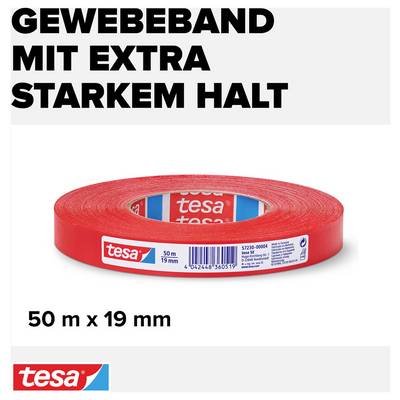 'Fabric tape with extra strong hold' in red colour, 50 m x 19 mm, presented on a white background.