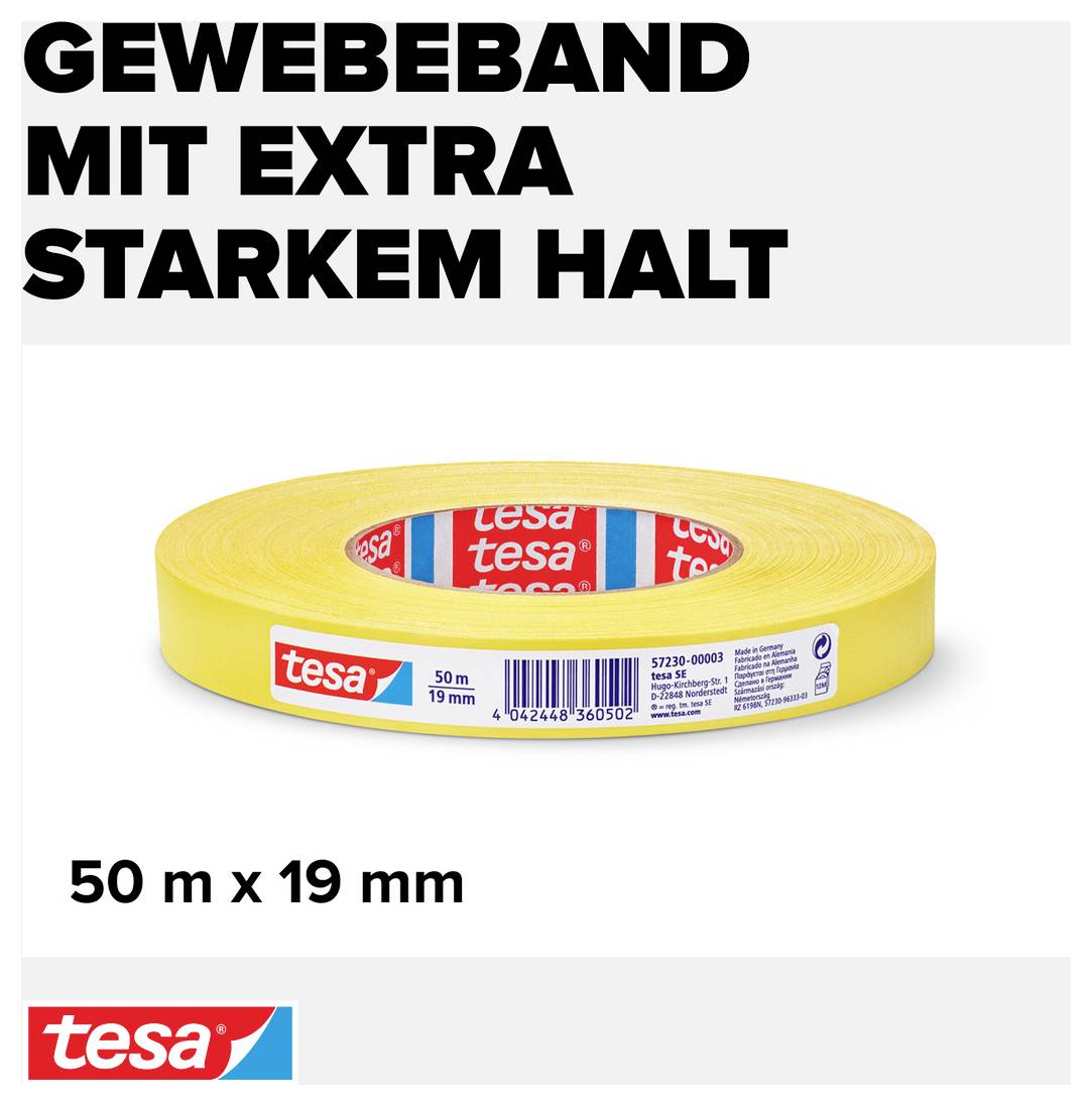 A roll of yellow fabric tape from the brand 'tesa', 50 m x 19 mm, with extra strong adhesion.