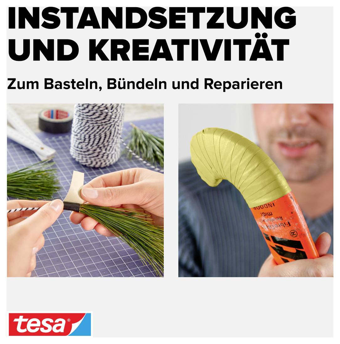 'Repair and Creativity' shows a person crafting with adhesive tape. Products for bundling and repairing are visible.