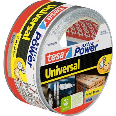 'Tesa extra Power Universal silver duct tape 10m x 50mm. Suitable for various repairs; images show its use on cars and packages.'