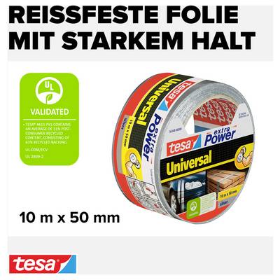 'Tear-resistant film with strong adhesion. tesa extra Power Universal, 10 m x 50 mm, validated by UL, fabric-based, recycled backing material.'