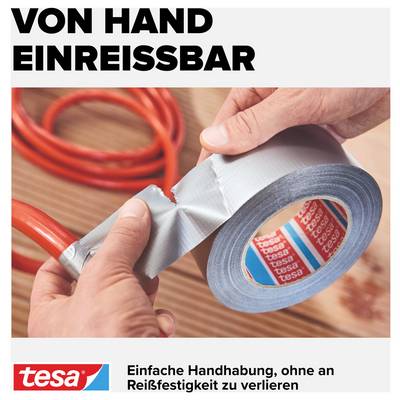 A person tears a piece of adhesive tape from the roll. Text: 'Tearable by hand'. Brand: tesa. Product photo shows simple handling.
