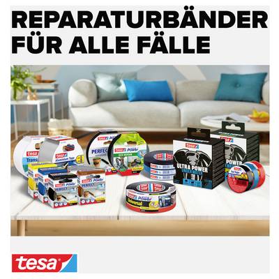 A living room scene shows a selection of Tesa repair tapes on a table. Text at the top: 'Repair tapes for every situation'