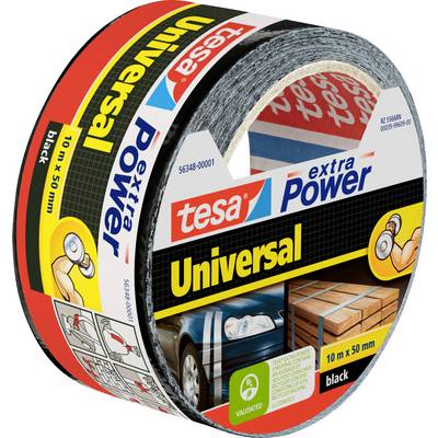 Roll of 'tesa extra Power Universal' adhesive tape, 10m x 50mm, black. Packaging shows applications: automotive, packaging, and fastening.
