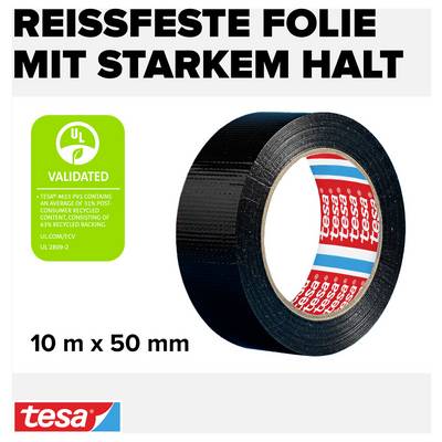 'Black adhesive tape, tear-resistant with strong hold, dimensions: 10 m x 50 mm. Tesa brand, UL validated, 65% recycled material.'