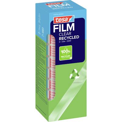 'Box of tesa film, clear and recycled, with 8 rolls measuring 33m x 19mm each. Highlighted as made from 100% recycled plastic parts.'
