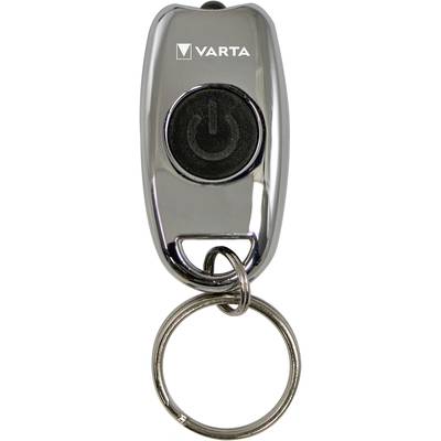Silver-coloured keyring torch with a black push button and Varta logo on top, perfect for bags.
