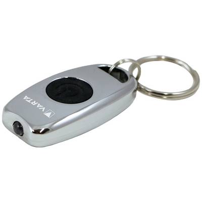 A small, silver keyring with a black button in the centre and the 'Varta' brand logo.
