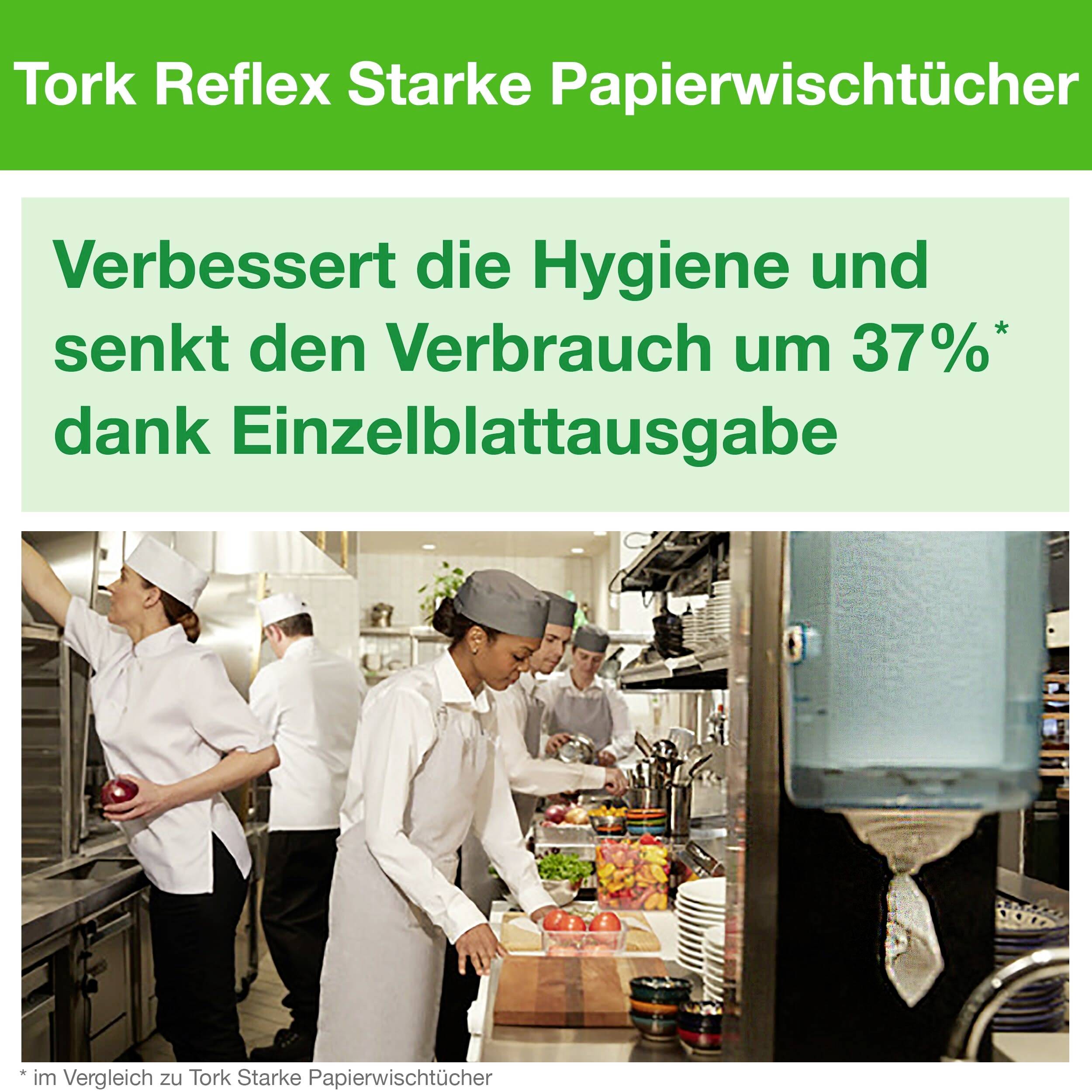 Kitchen staff at work, next to a tissue dispenser. Text: 'Improves hygiene and reduces consumption by 37%'.