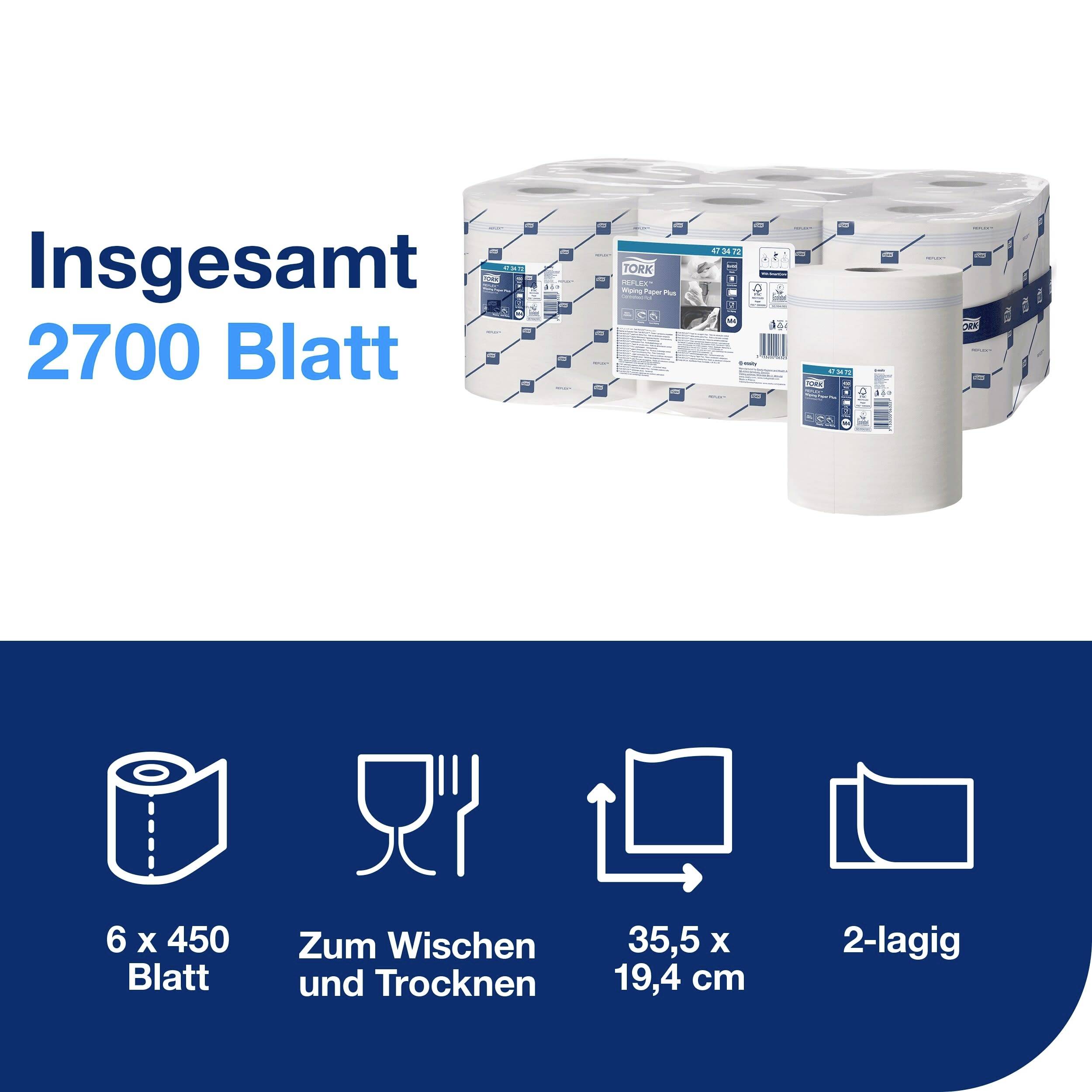 Pack of six rolls of kitchen towel, totalling 2700 sheets. Ideal for wiping and drying, sheet size 35.5 x 19.4 cm, 2-ply.