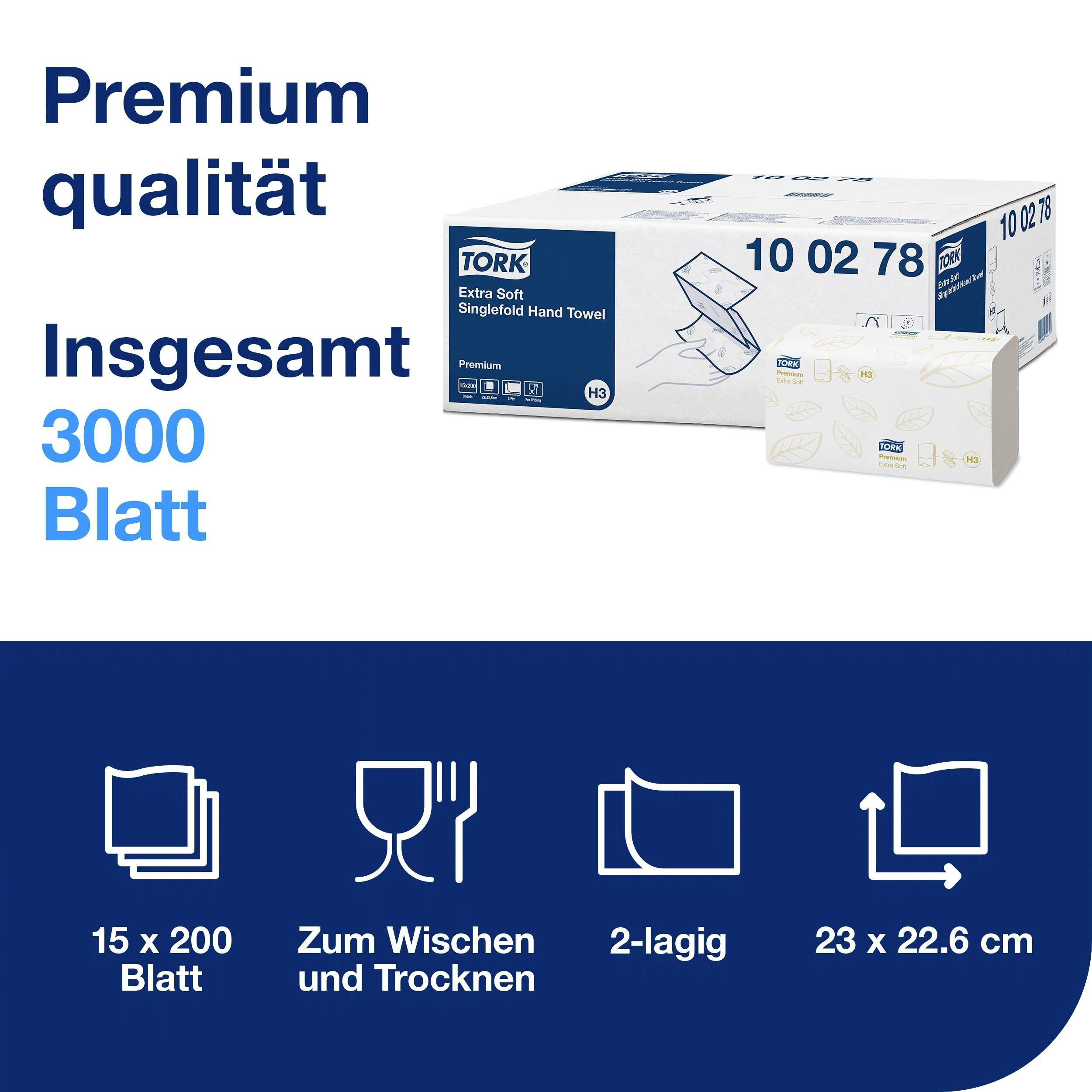 'Premium quality, 3000 sheets in total.' Tork Hand Towels, extra soft, 15 packs of 200 sheets, 2-ply, dimensions 23 x 22.6 cm.