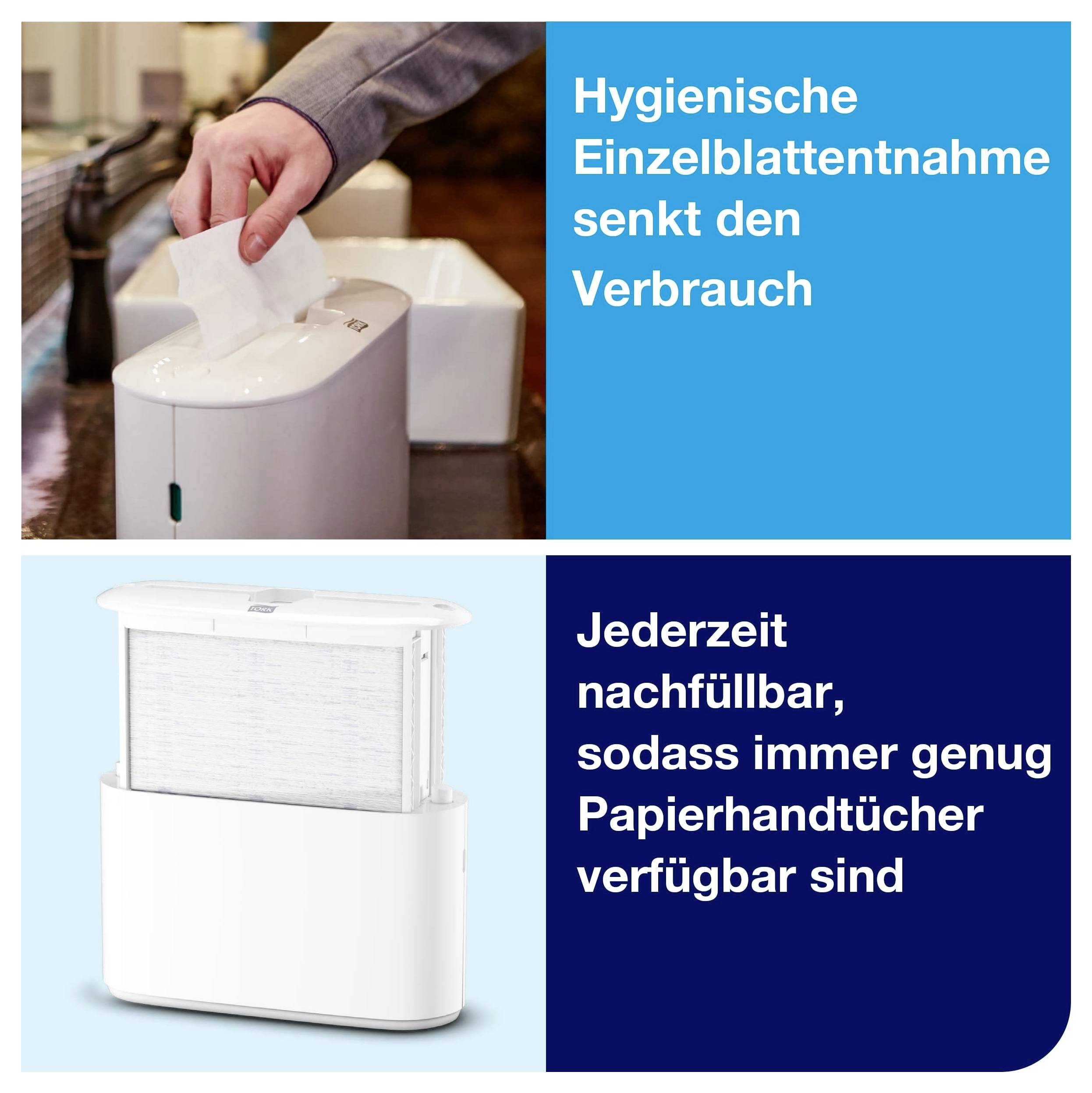 Advertising graphic for paper towel dispenser: Single sheet dispensing reduces consumption; refillable at any time to ensure an adequate supply of paper towels is always available.