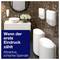 Advertising shot of a modern bathroom with white dispensers; Text: 'When first impressions matter' and 'Attractive, sleek dispensers'.
