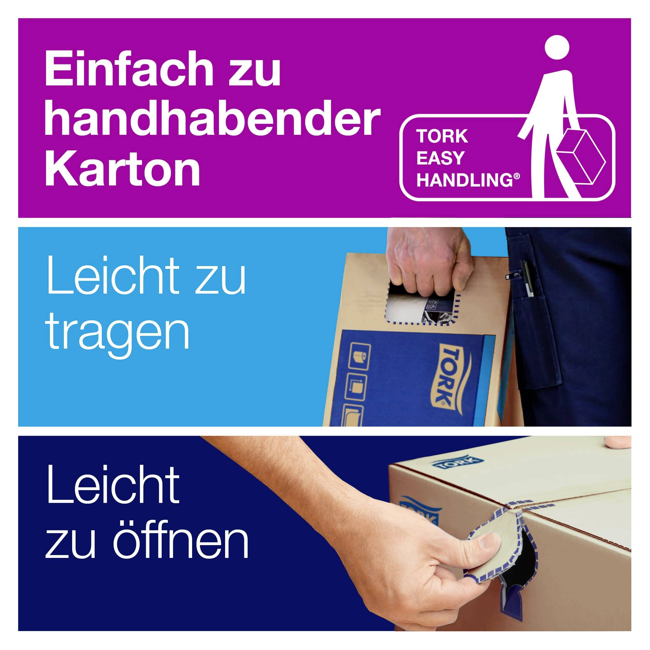 'Easy-to-handle cardboard box' shows a box that is light to carry and simple to open. Hands demonstrate its user-friendliness.