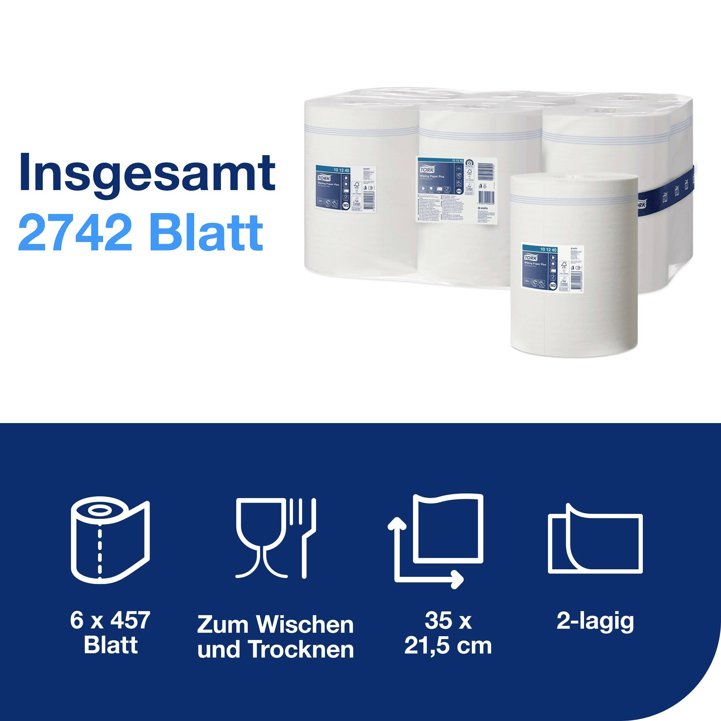 Image of six large paper towel rolls with a total of 2,742 sheets. Details: '6 x 457 sheets', 'For wiping and drying', '35 x 21.5 cm', '2-ply'.