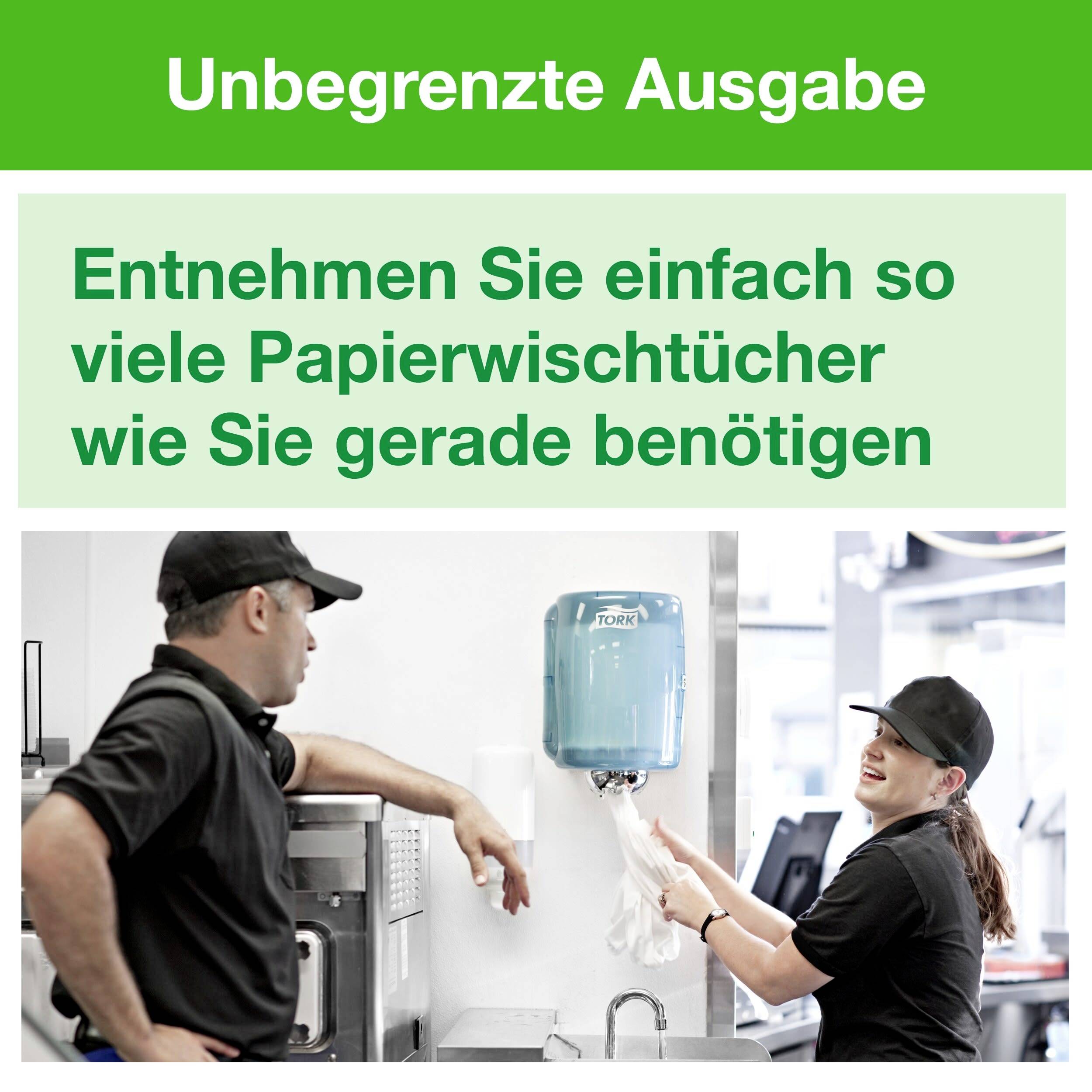 Two people in work attire standing next to a paper towel dispenser. Text: 'Simply take as many paper wipes as you currently need'.