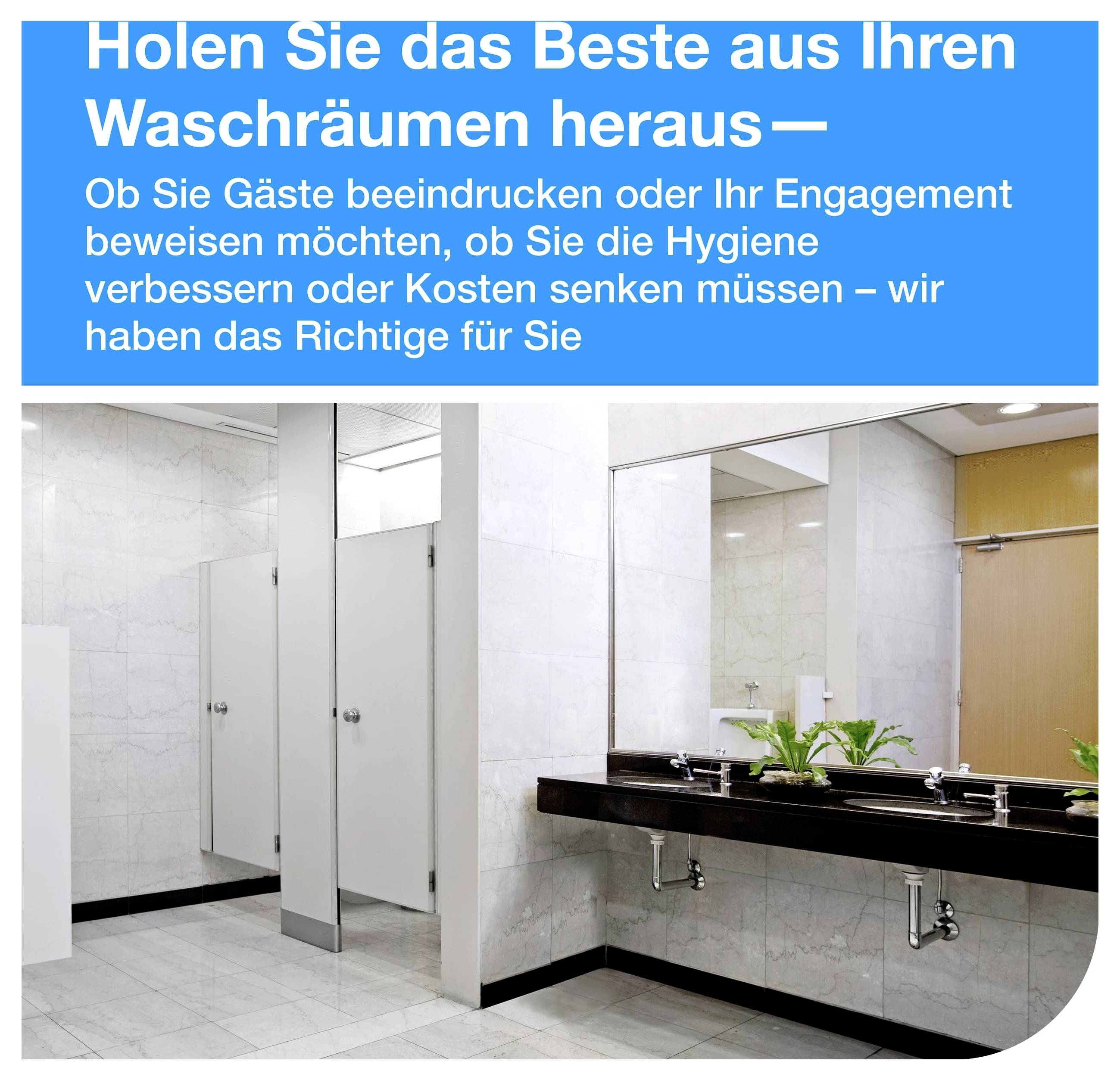 Advertisement image of a clean, modern washroom featuring wash basins, mirrors and cubicles; text advertises: 'Get the most out of your washrooms' and mentions hygiene, impression and cost reduction.