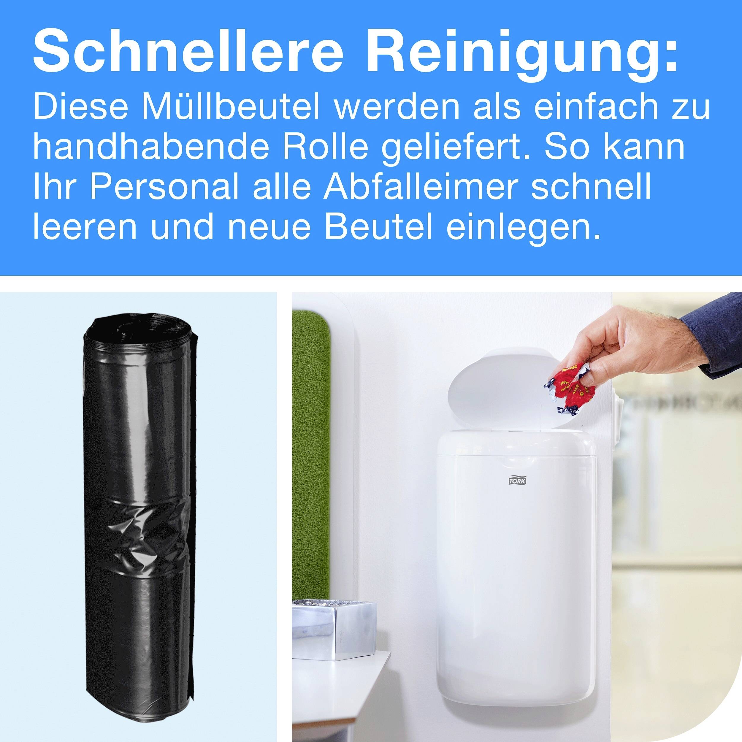 'Quicker Cleaning: These bin bags are supplied as an easy-to-handle roll to simplify emptying waste bins.' Left: Roll of black bin bags, right: Hand placing a bag into a waste bin.