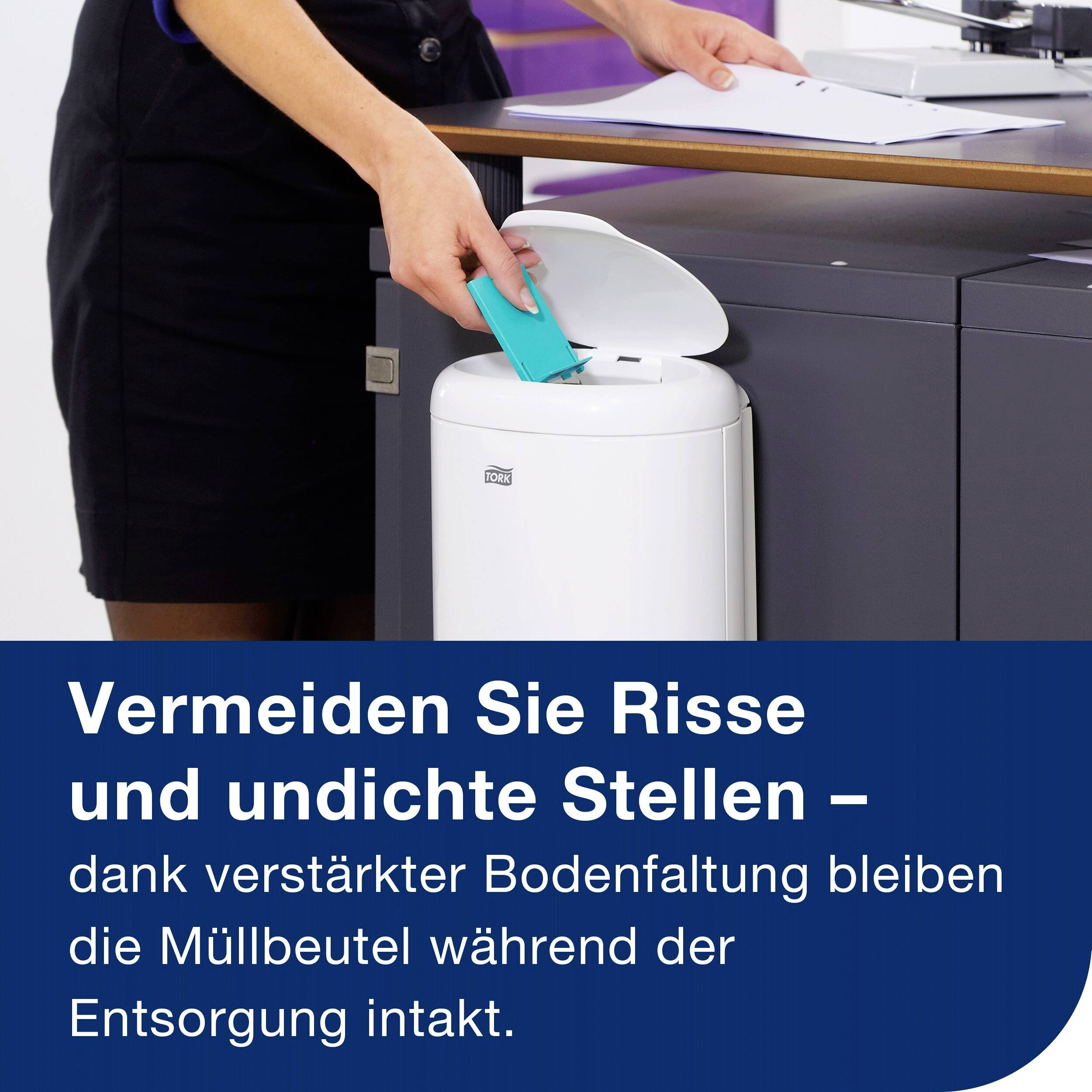 A person is throwing paper towels into a bin. Underneath it reads: 'Avoid tears and leaks – keep bin liners intact.'