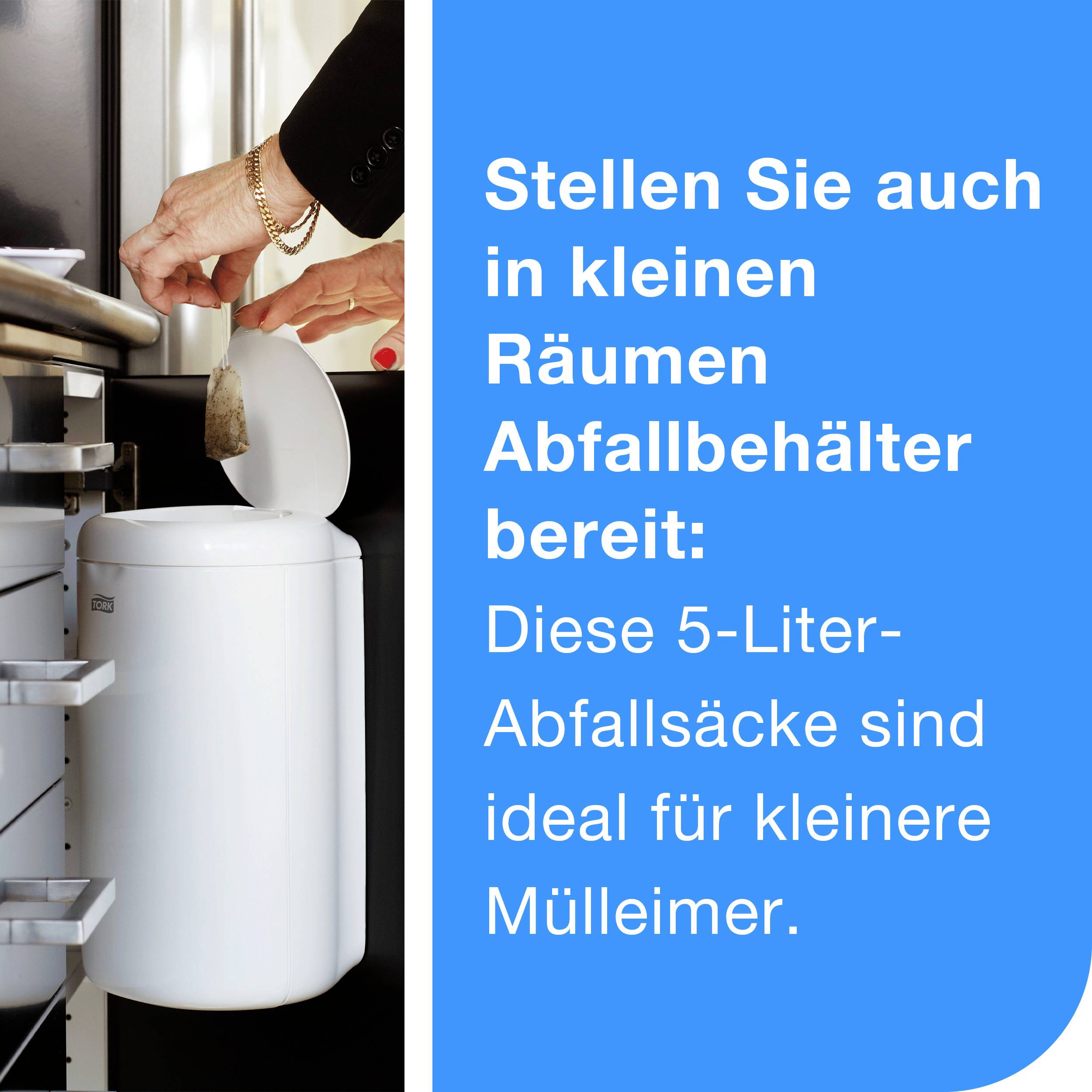 A person opens a small white bin in a kitchen. Text: 'Provide waste containers even in small spaces.'
