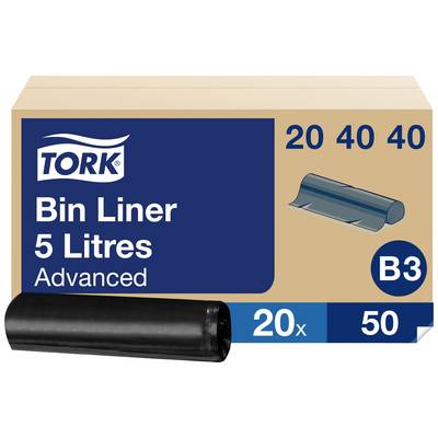 A pack of Tork bin bags, 5 litres, advanced quality, B3 size. Contains 50 bags, 20 rolls per box.