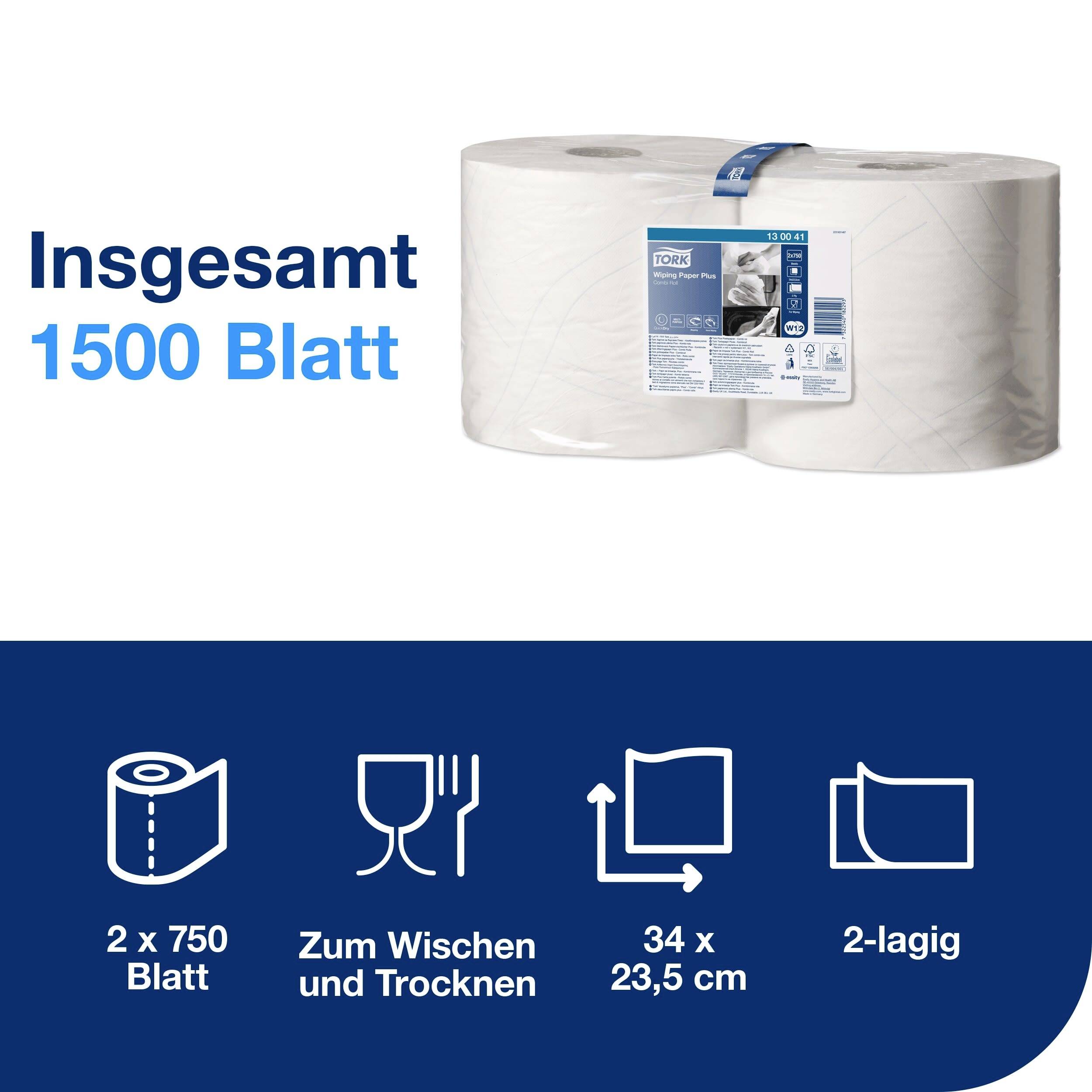 Roll with a total of 1500 sheets, 2 x 750 sheets, 34 x 23.5 cm, 2-ply. Suitable for wiping and drying.
