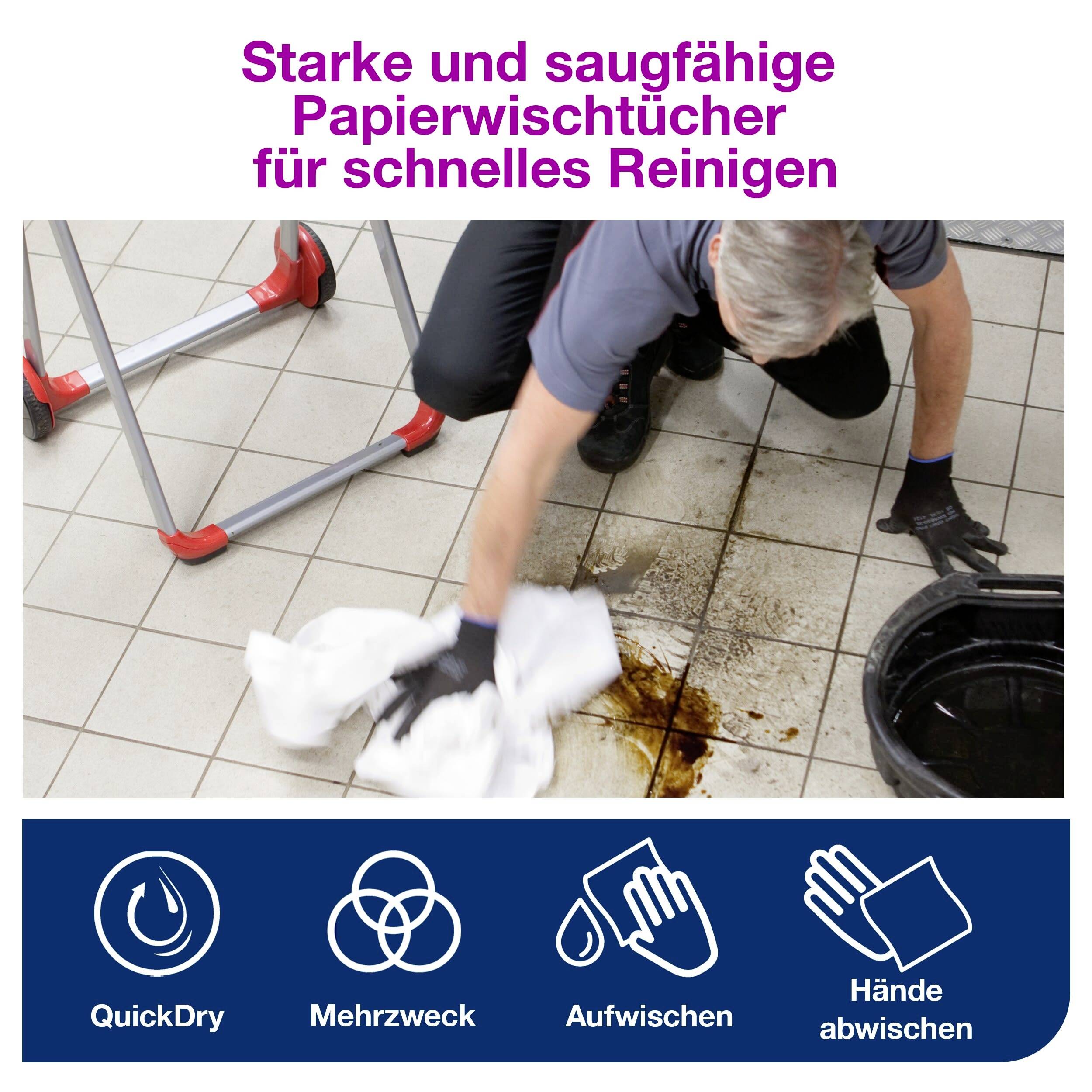 A person is cleaning up a liquid on a floor with a paper towel. Text above indicates strong absorbency. Symbols below show various potential applications.