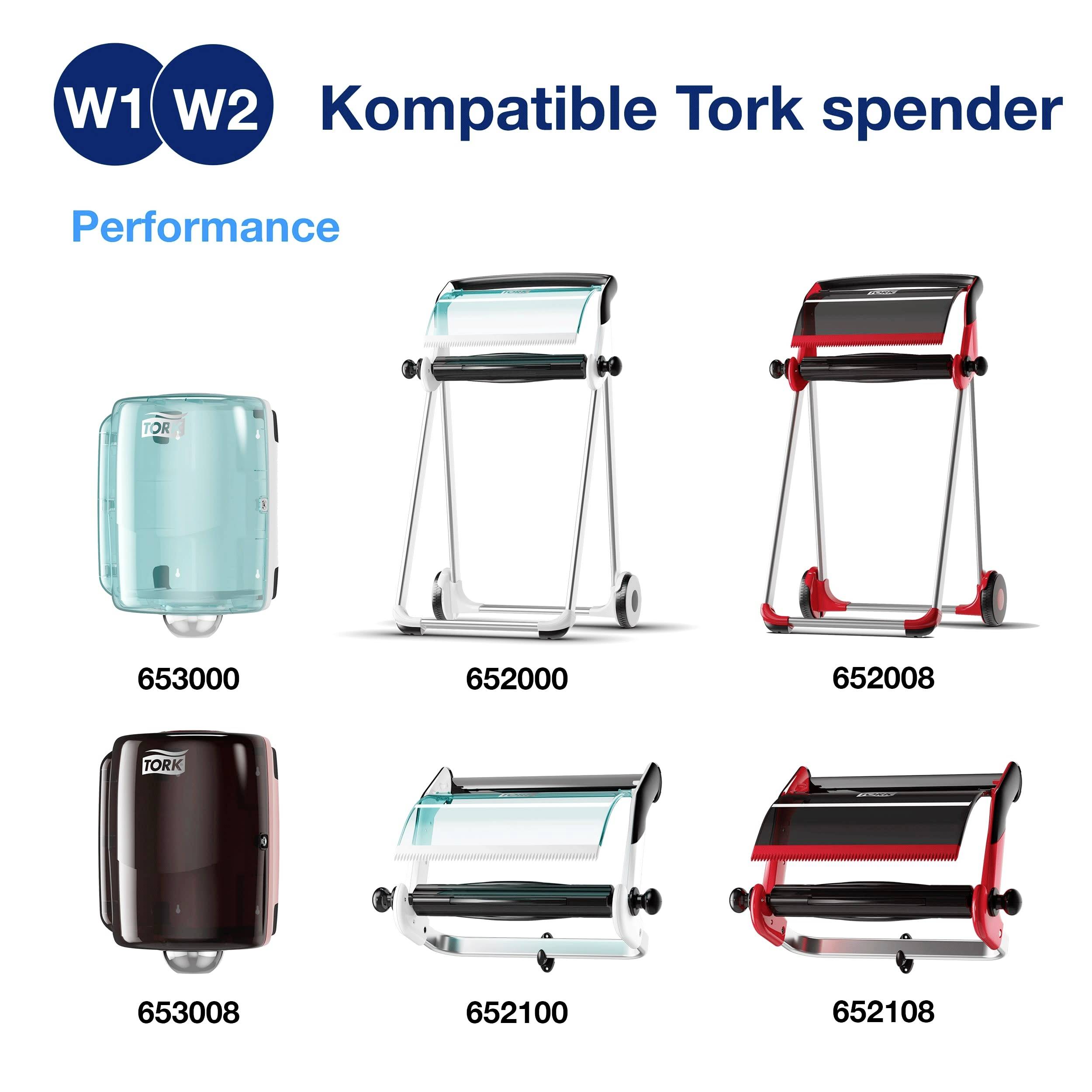 'Compatible Tork Dispensers' shows six dispensers in various colours and models, numbered as 653000, 652000, 652008, 653008, 652100, 652108.