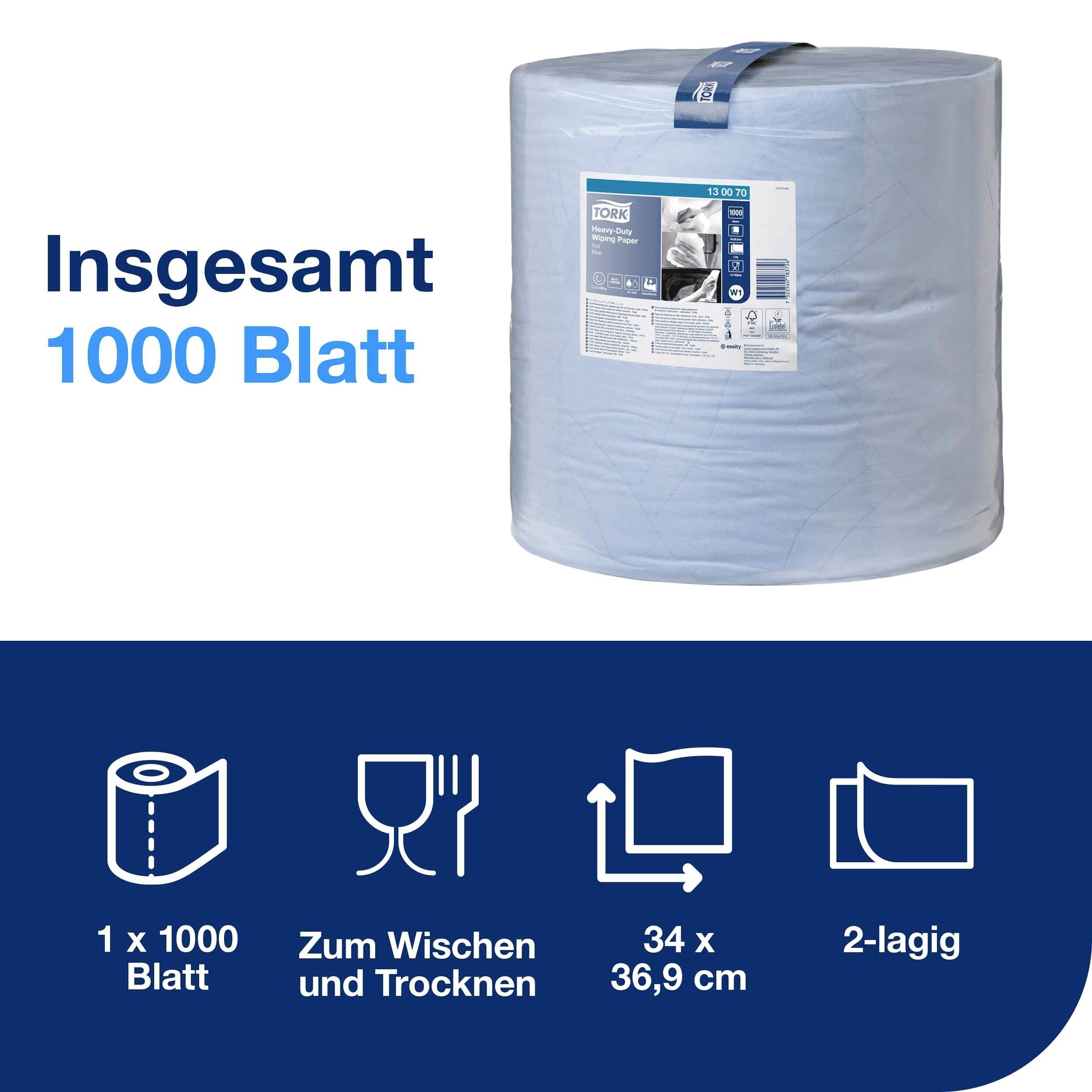 'Industrial wiper roll with 1000 sheets, suitable for wiping and drying. Dimensions: 34 x 36.9 cm, 2-ply.'