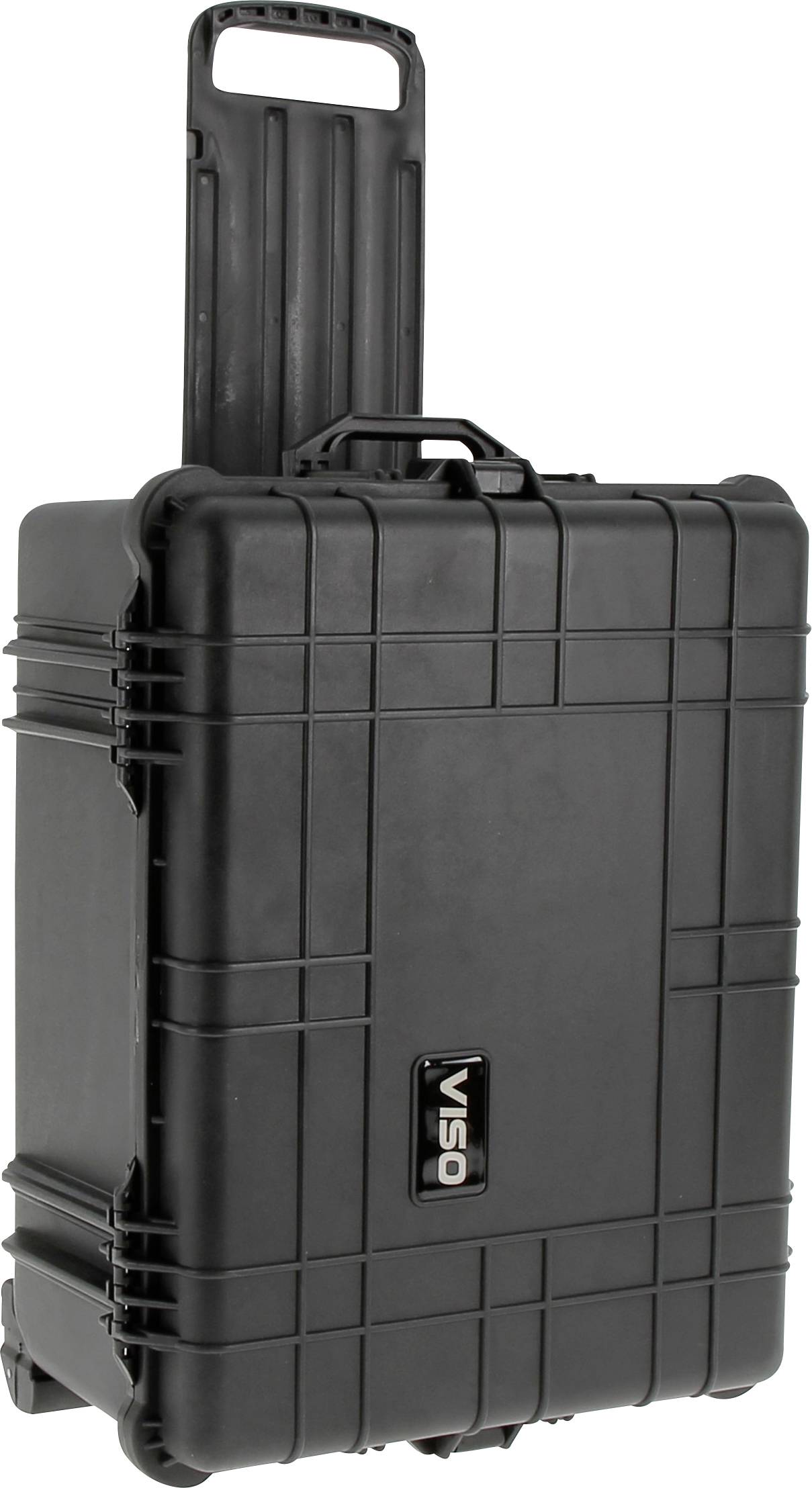 A black, hard-shell rolling case with a retractable handle, featuring reinforced edges and a 'VISO' label on the front.
