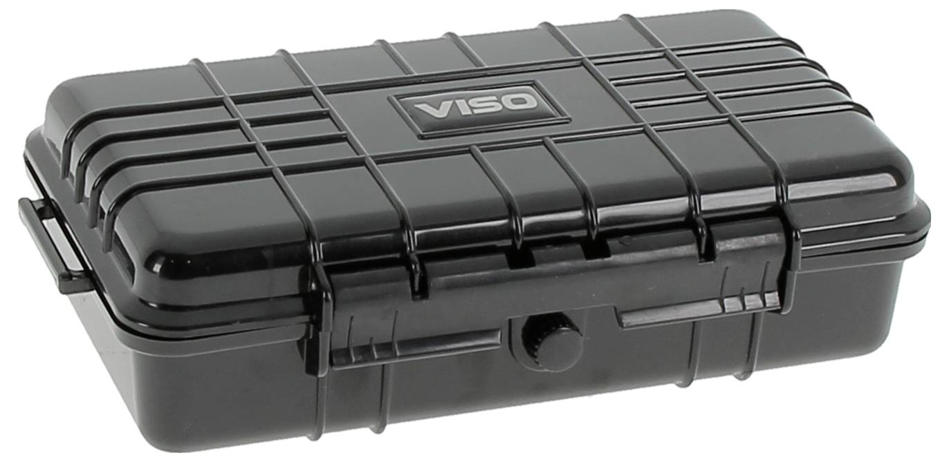 A black, hard plastic protective case labeled 'VISIO' with a secure latch and grooved surface for added grip.