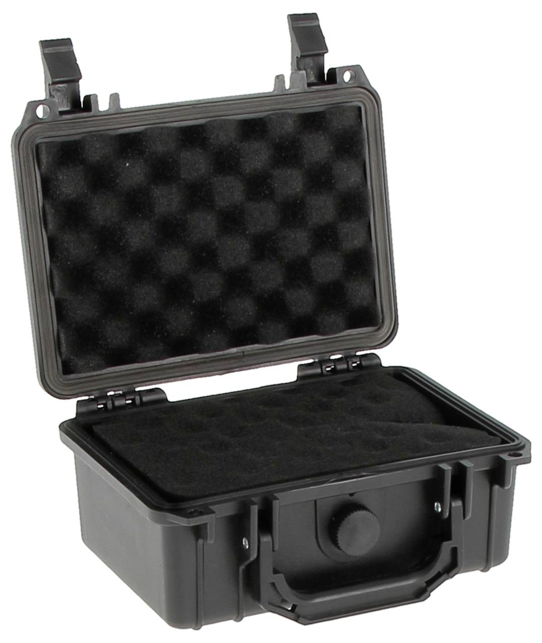 A black hard-shell protective case with an open lid, showing foam padding inside for equipment storage and transport.