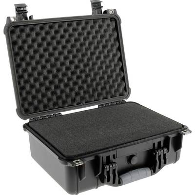 Open black hard-shell case with foam padding inside, used for protective storage and transport of sensitive equipment.