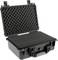 Open black hard-shell case with foam padding inside, used for protective storage and transport of sensitive equipment.