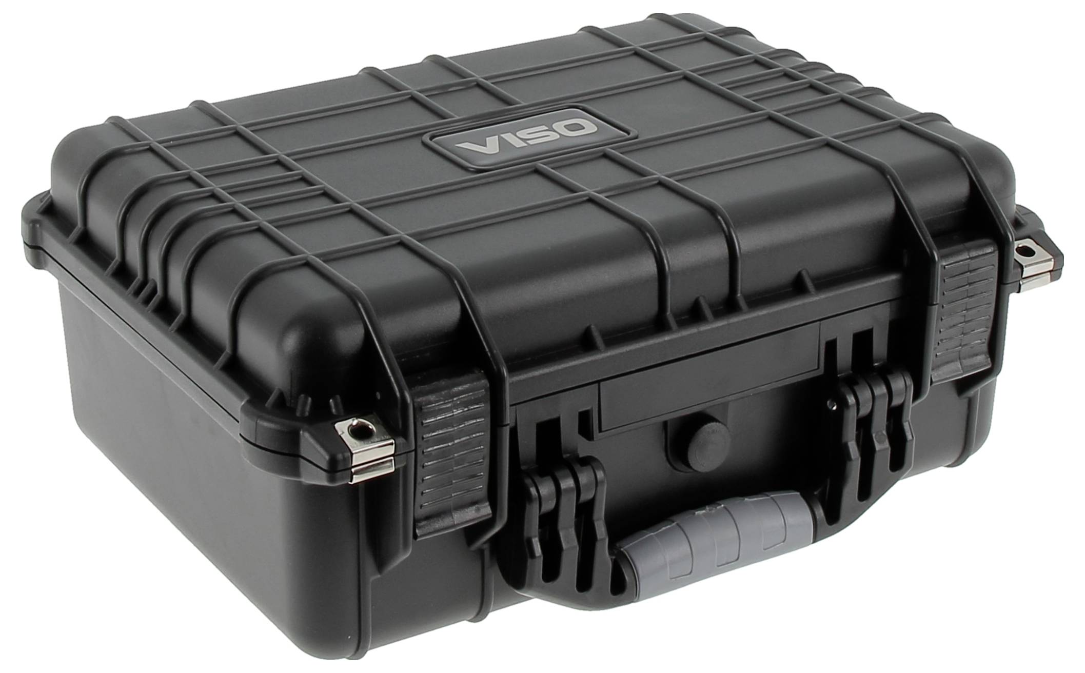 A black, rugged protective case with a handle and secure latches, labeled 'Viso' on the top, designed for safe transport of electronics.
