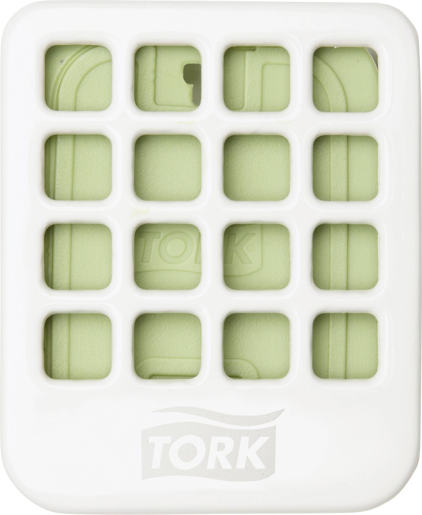 White dispenser with green Tork soap, square-shaped with a grid design.