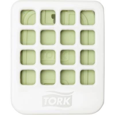 White dispenser with green Tork soap, square-shaped with a grid design.